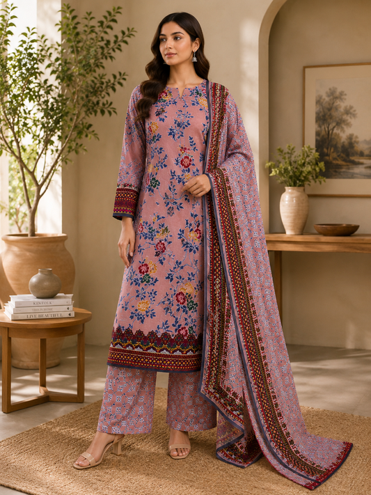 3 Piece Unstitched Barosha Silk Suit – Dusty Rose Garden