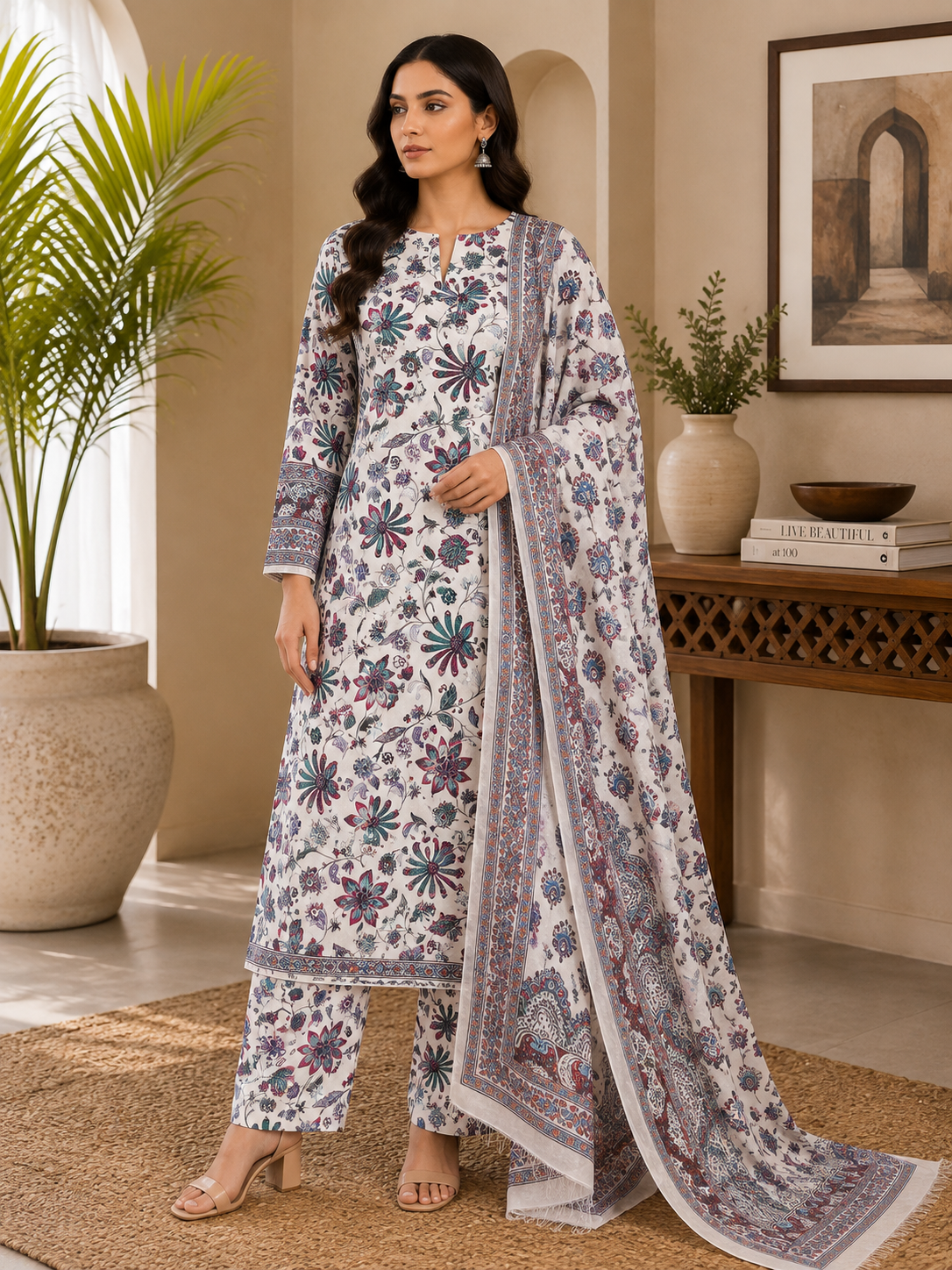 3 Piece Unstitched Printed Marina Suit – Ivory Blossom
