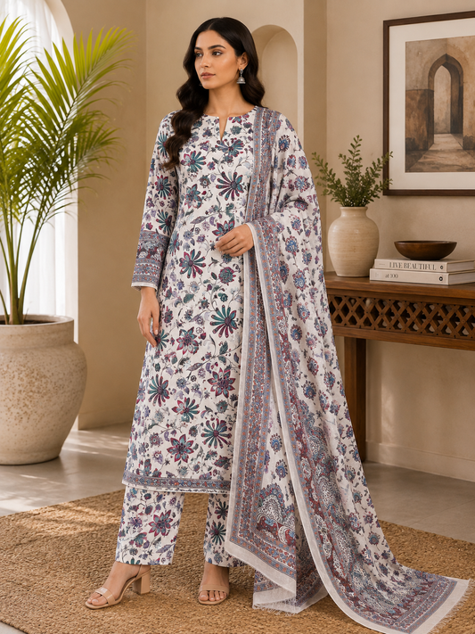 3 Piece Unstitched Printed Marina Suit – Ivory Blossom
