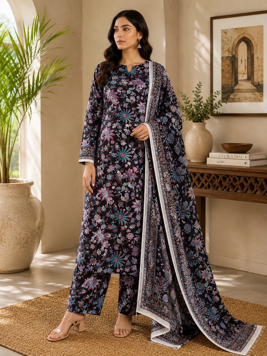 3 Piece Unstitched Printed Marina Suit – Classic Monochrome