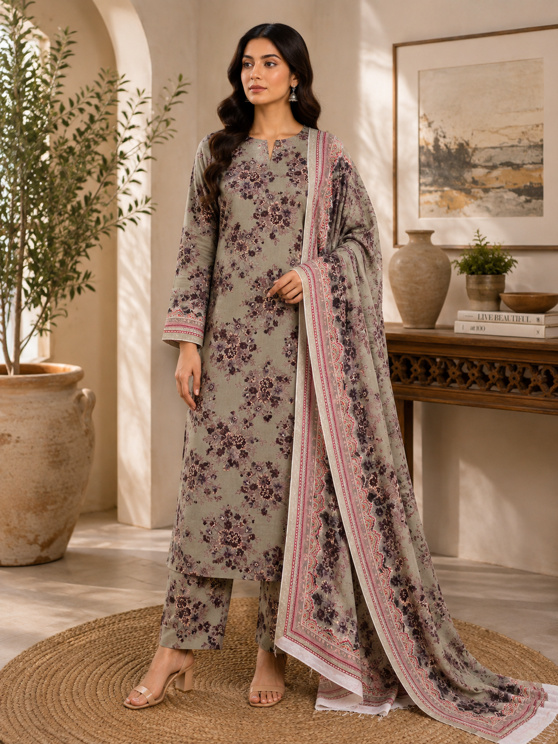 3 Piece Unstitched Printed Marina Suit – Sage Mist Floral