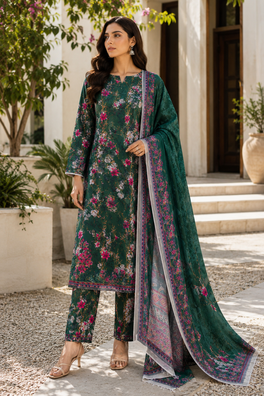 3 Piece Unstitched Printed Marina Suit – Emerald Garden Bloom