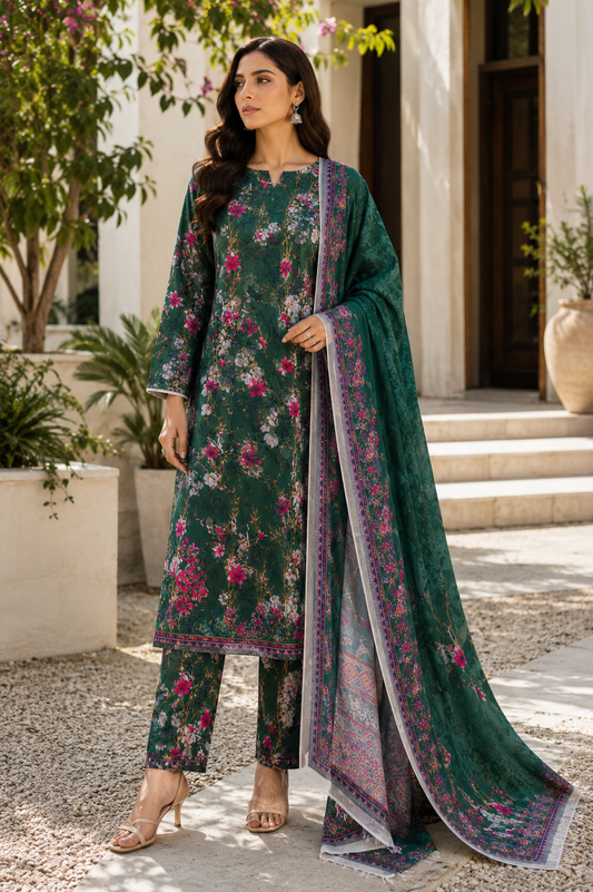 3 Piece Unstitched Printed Marina Suit – Emerald Garden Bloom