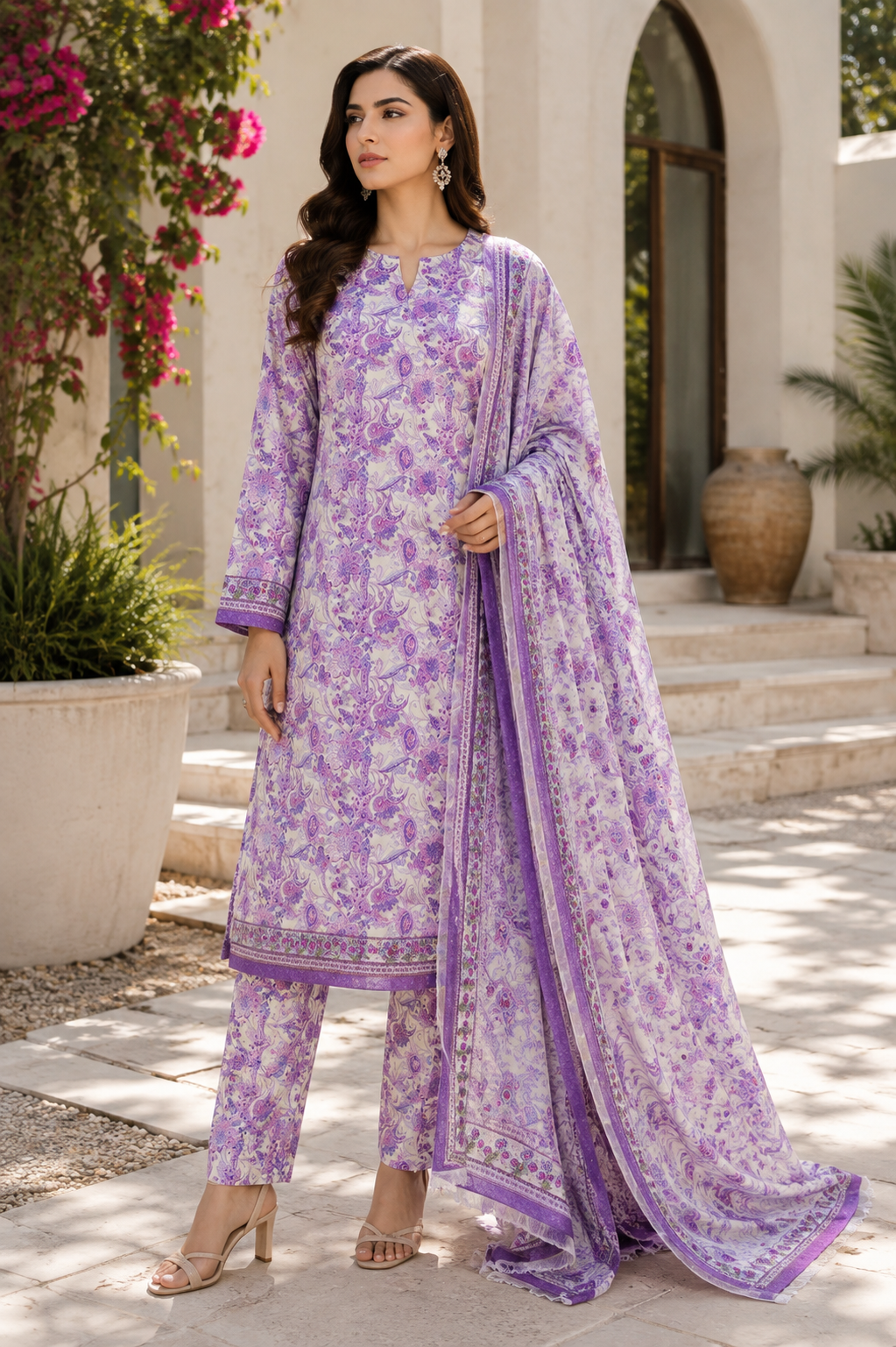 3 Piece Unstitched Printed Marina Suit – Lavender Bloom