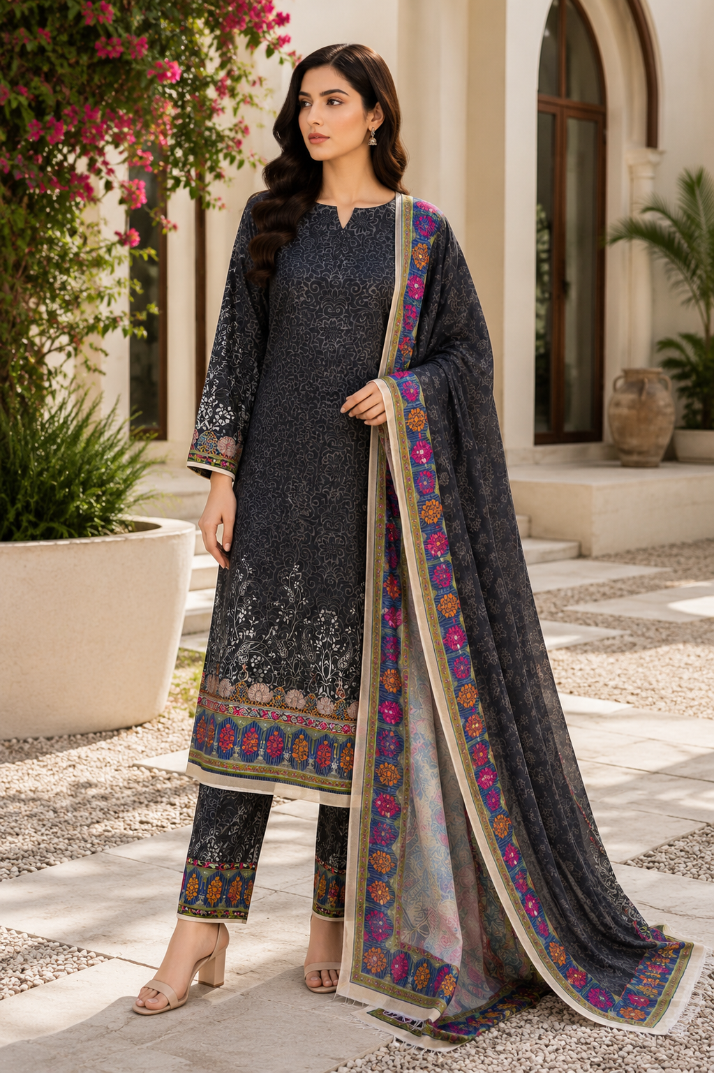 3 Piece Unstitched Printed Marina Suit – Classic Monochrome
