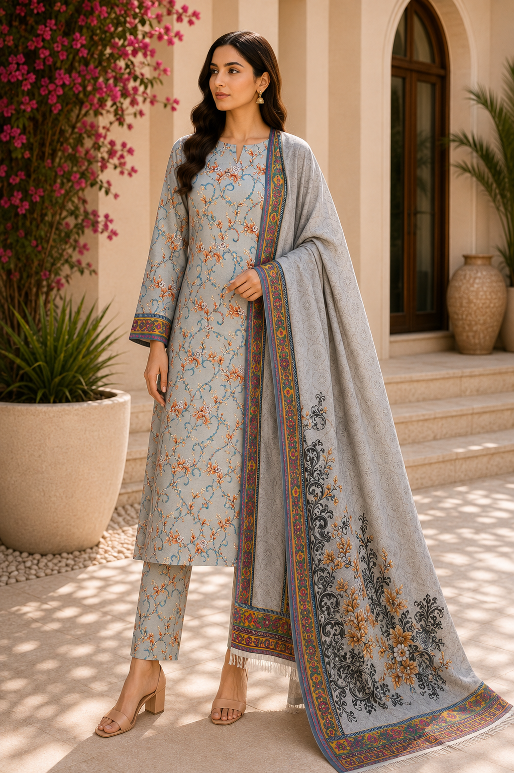 3 Piece Unstitched Printed Marina Suit – Mist Grey Blossom