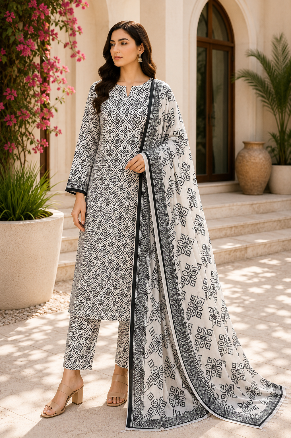3 Piece Unstitched Printed Marina Suit – Classic Monochrome