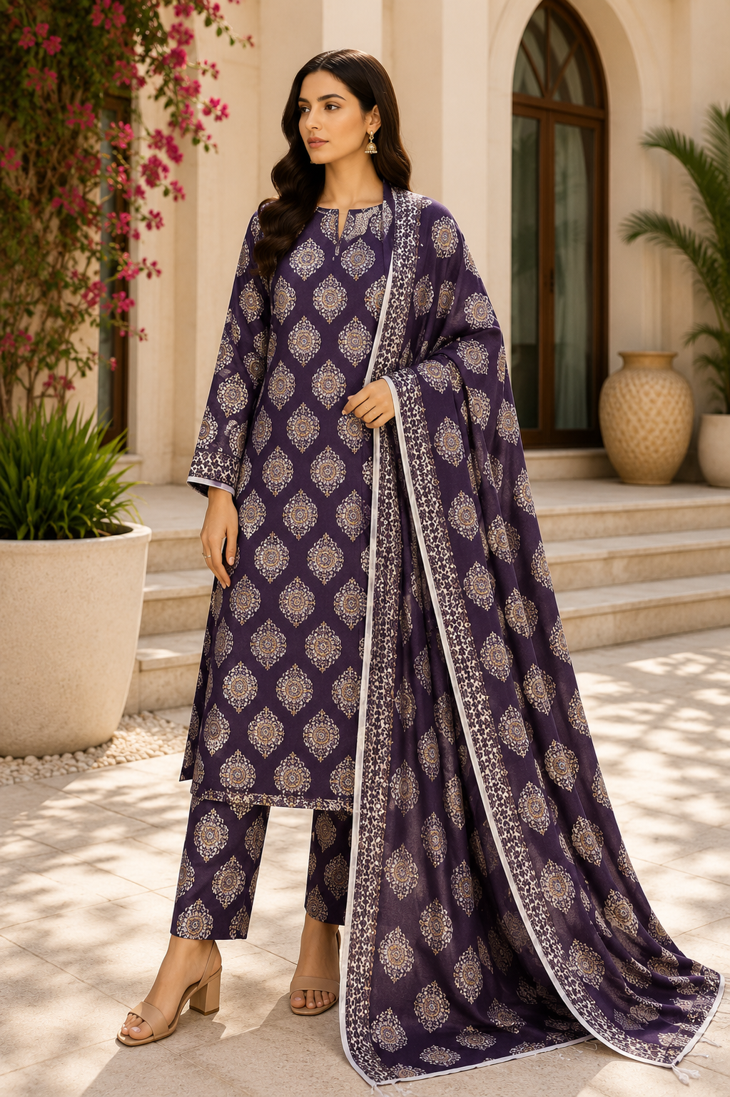 3 Piece Unstitched Printed Marina Suit – Royal Plum Medallion