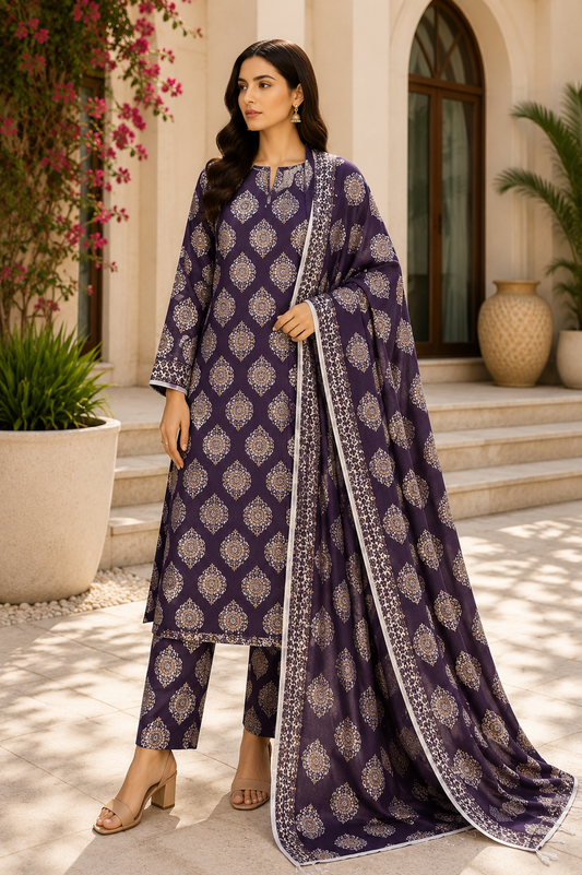 3 Piece Unstitched Printed Marina Suit – Royal Plum Medallion