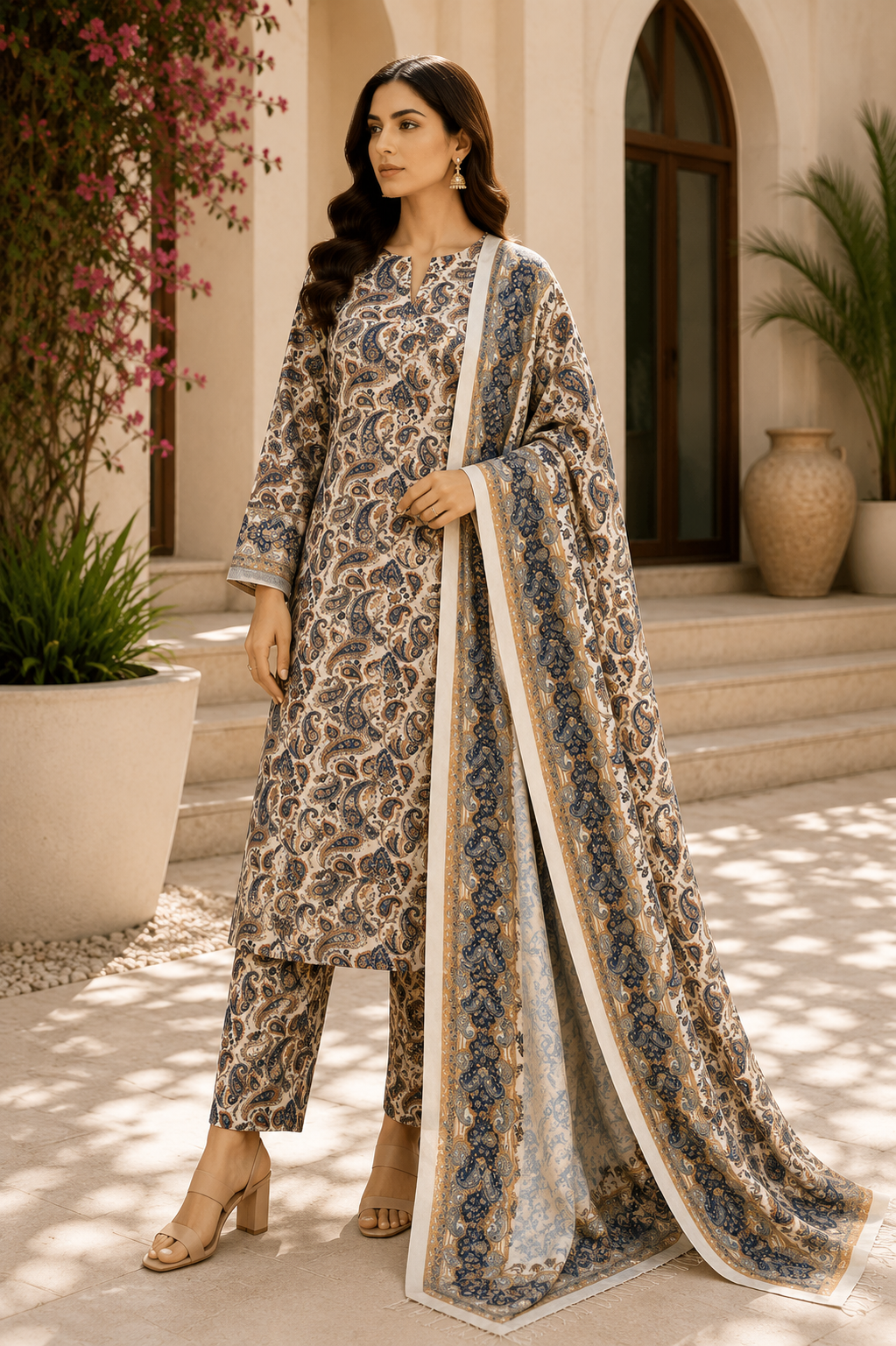 3 Piece Unstitched Printed Marina Suit – Classic Blue Paisley