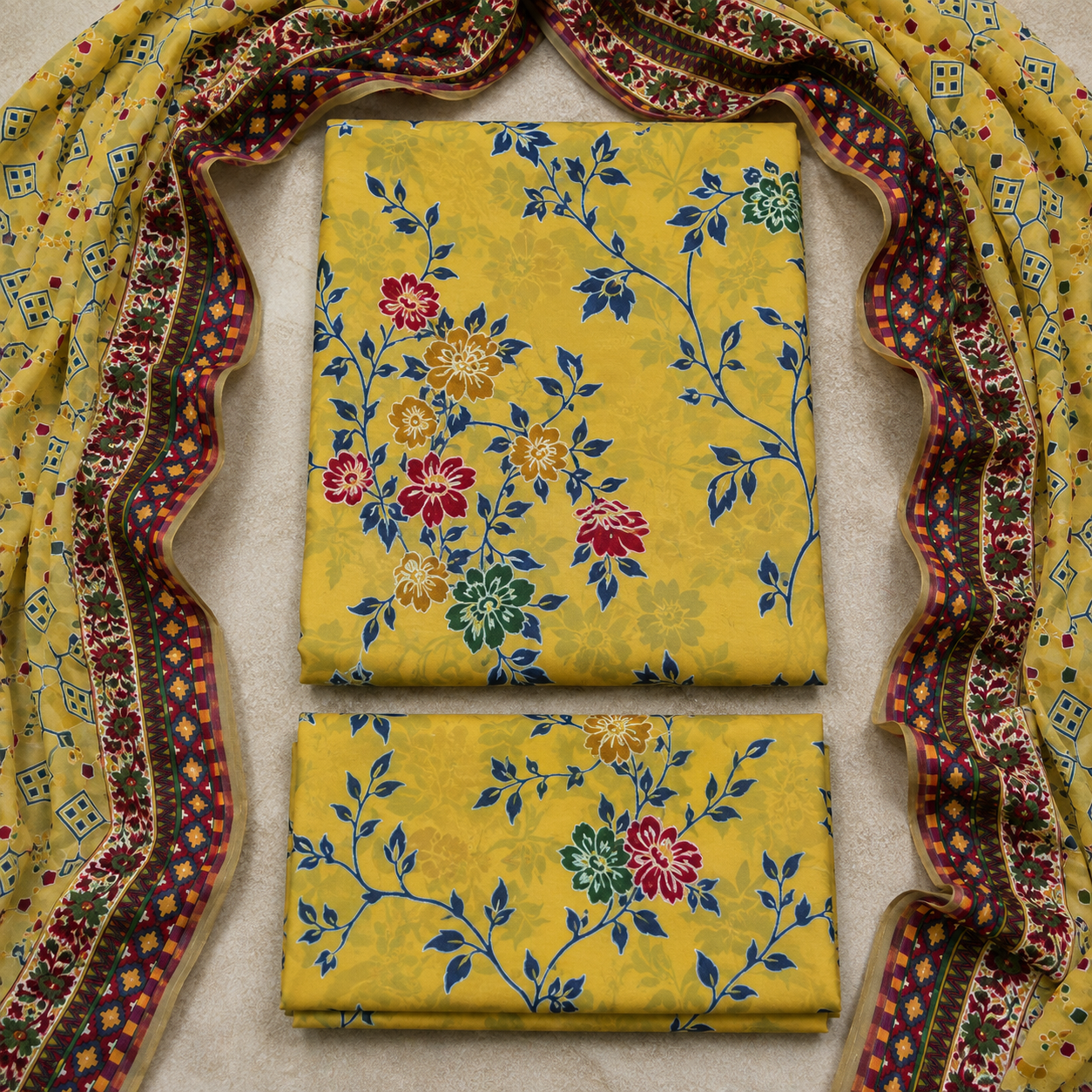 3 Piece Unstitched Barosha Silk Suit – Golden Lime Garden