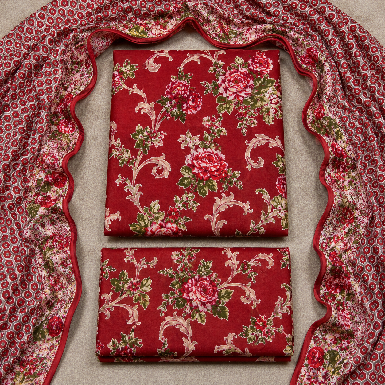 3 Piece Unstitched Barosha Silk Suit – Ruby Crimson Blossom