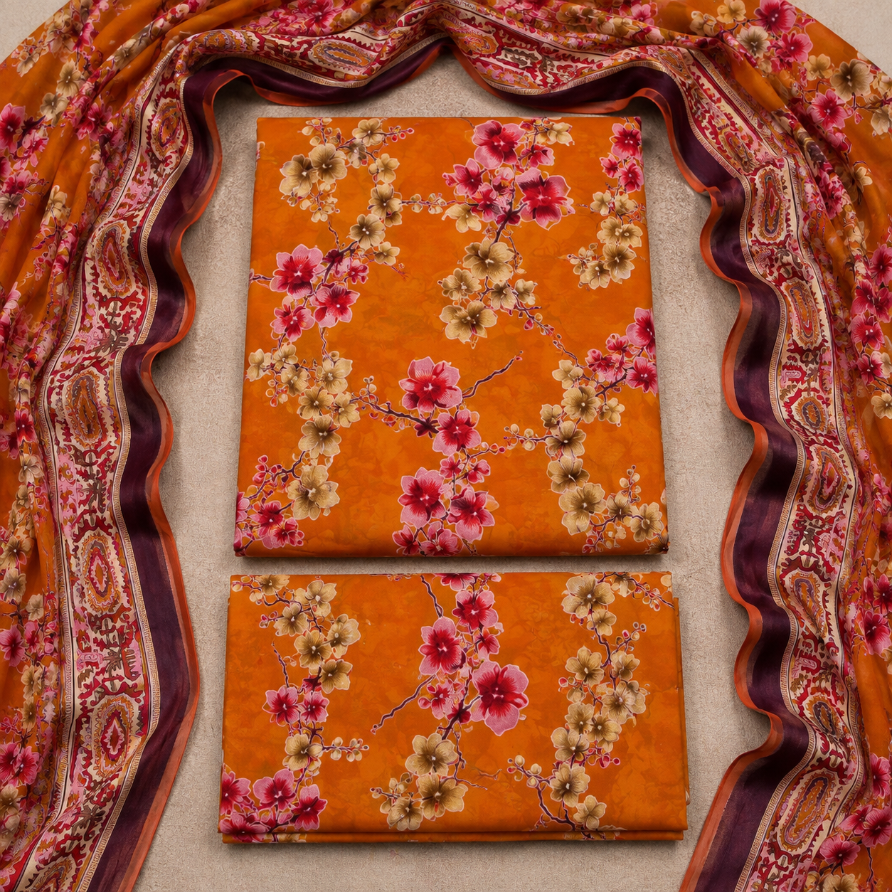 3 Piece Unstitched Barosha Silk Suit – Sunset Orange Blossom