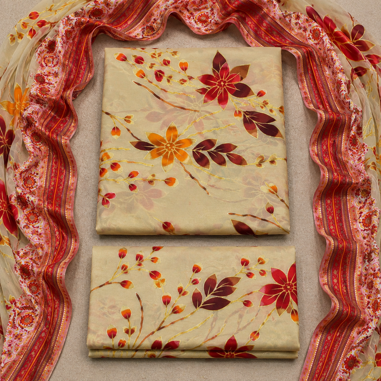 3 Piece Unstitched Barosha Silk Suit – Ivory Sunset Bloom