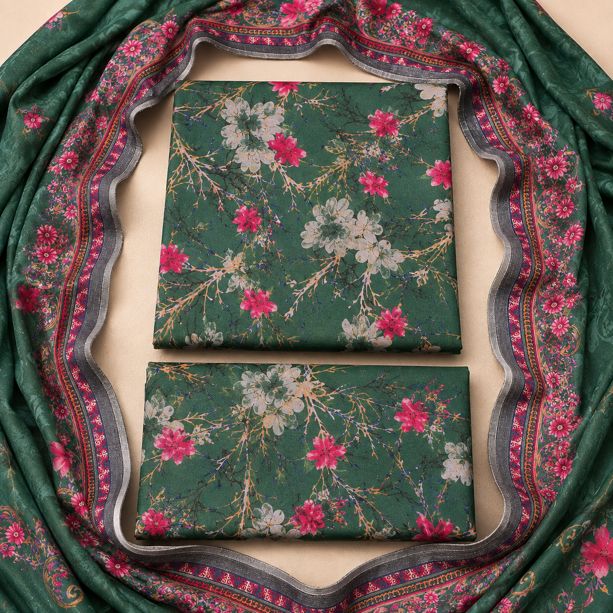 3 Piece Unstitched Printed Marina Suit – Emerald Garden Bloom