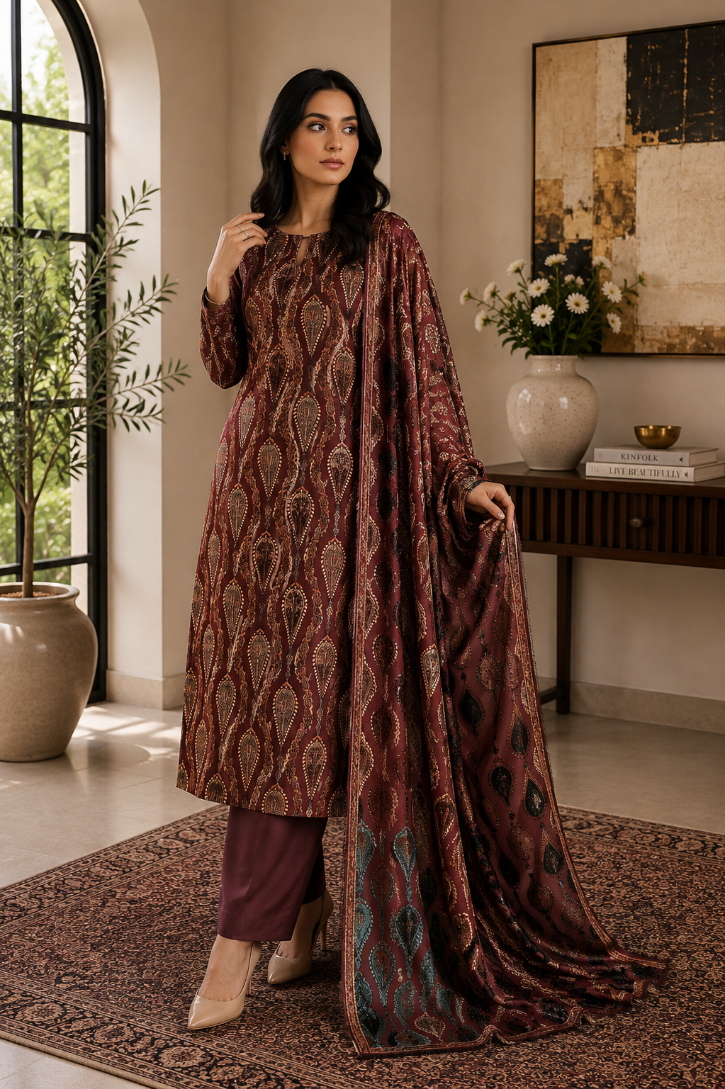 Premium Palachi 3 Piece Unstitched Suit – Shirt, Dupatta & Silk Trouser