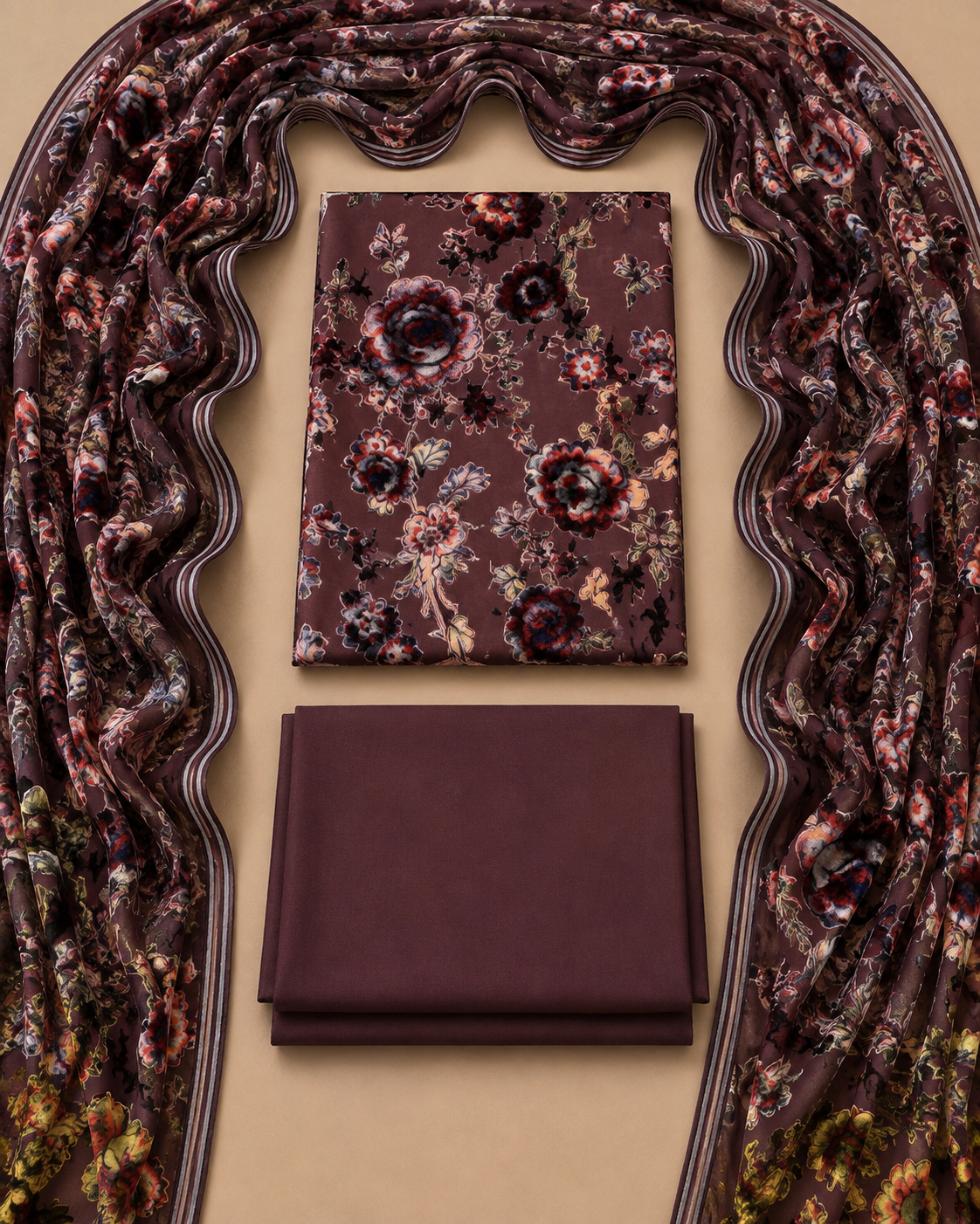 Premium Palachi 3 Piece Unstitched Suit – Shirt, Dupatta & Silk Trouser
