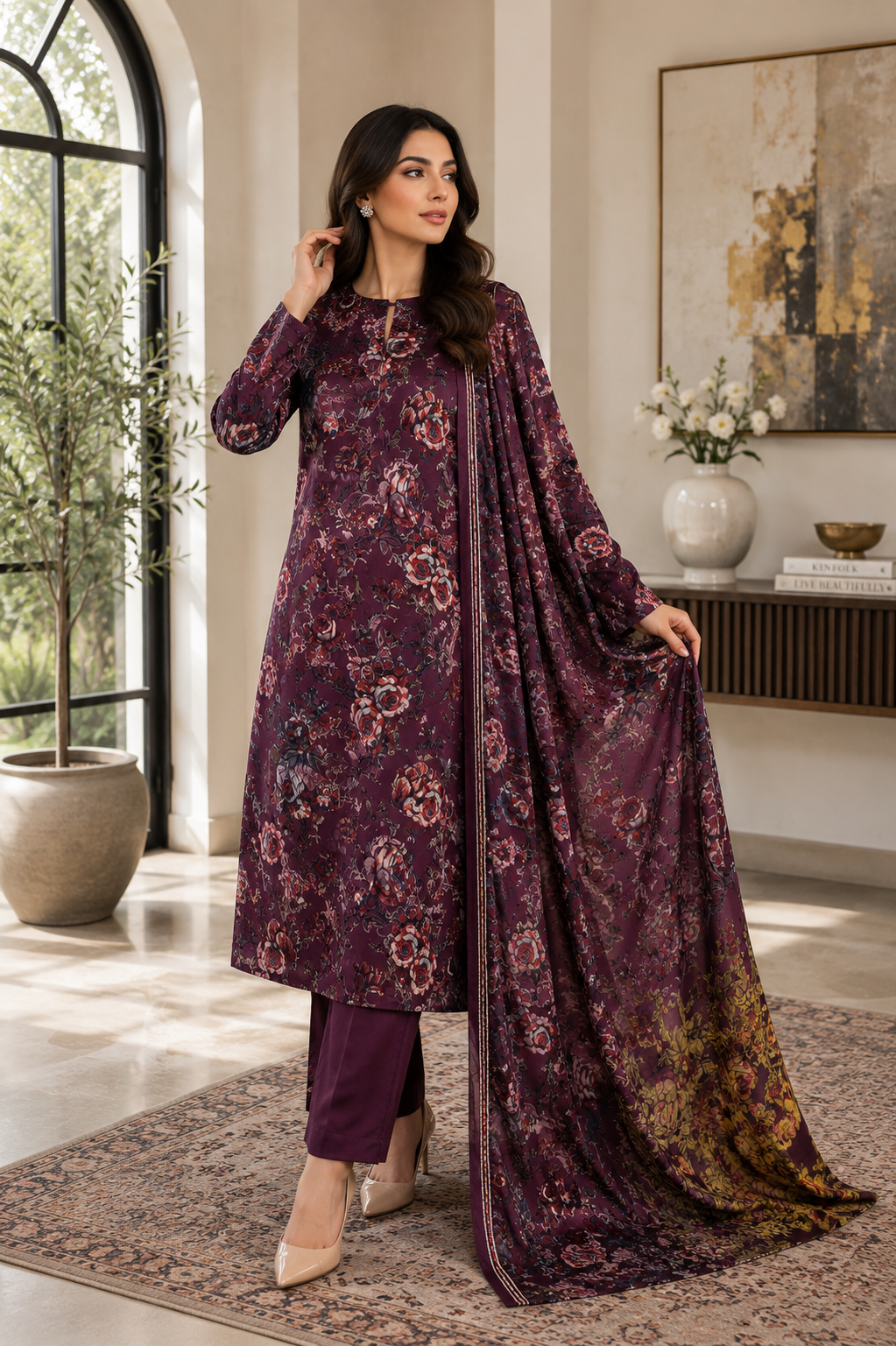 Premium Palachi 3 Piece Unstitched Suit – Shirt, Dupatta & Silk Trouser