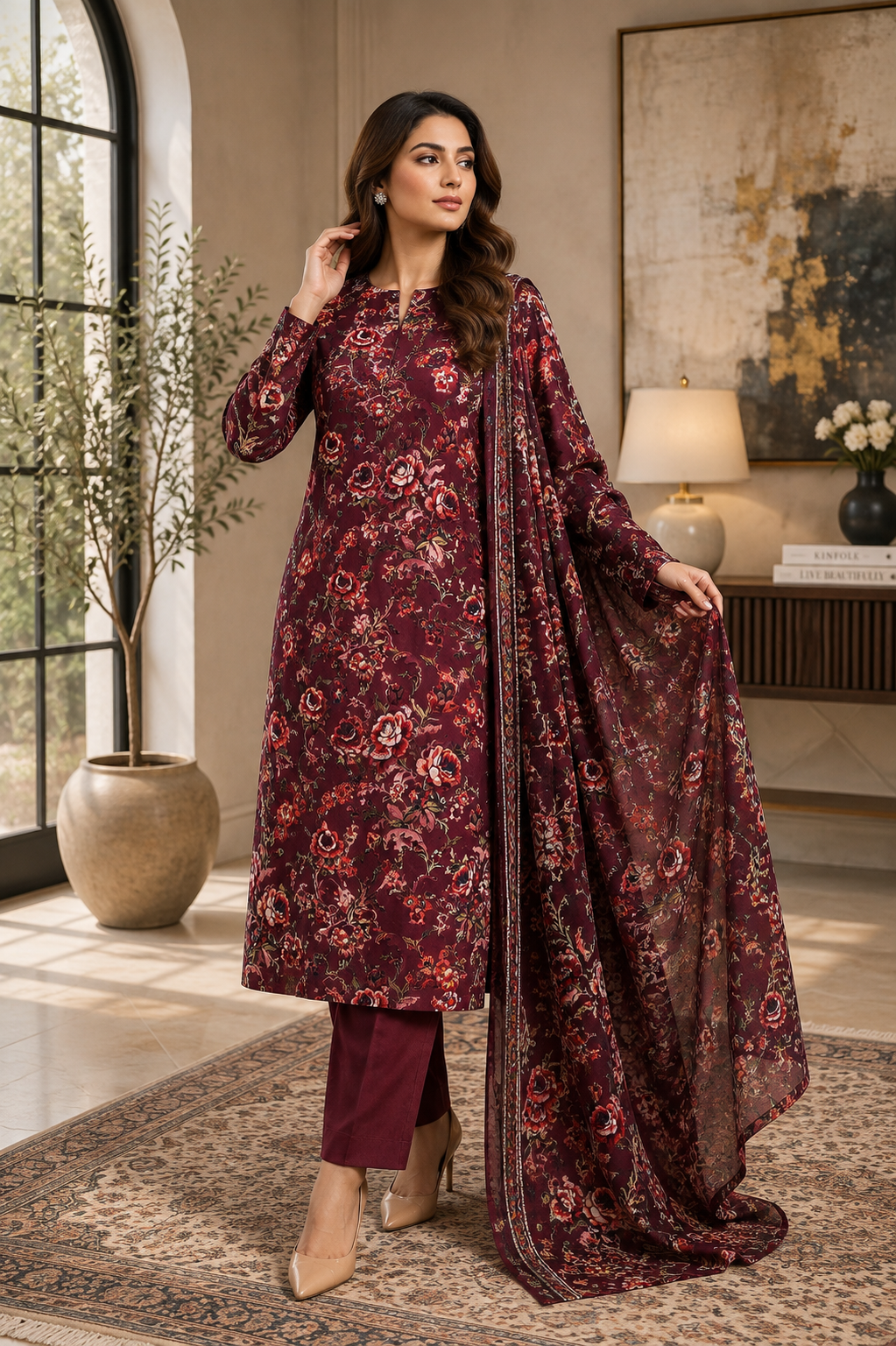Premium Palachi 3 Piece Unstitched Suit – Shirt, Dupatta & Silk Trouser