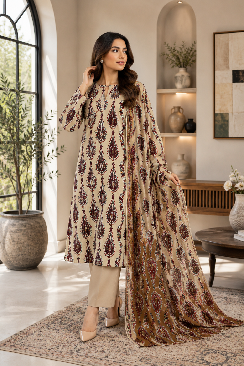Premium Palachi 3 Piece Unstitched Suit – Shirt, Dupatta & Silk Trouser