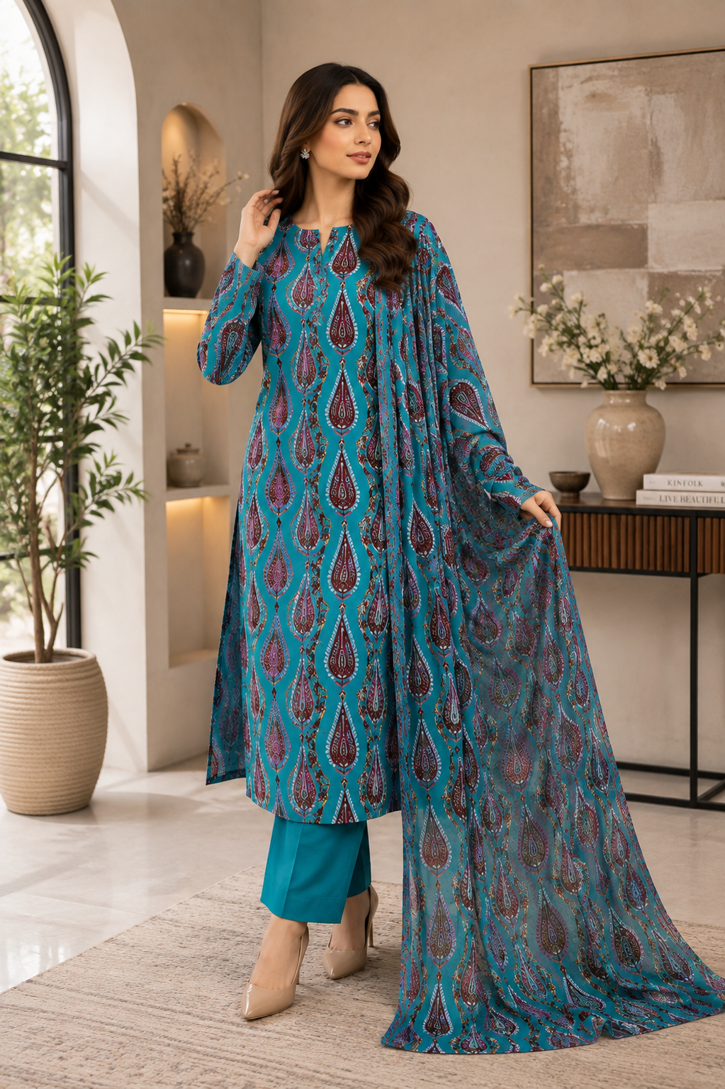 Teal Blue Printed Palachi 3 Piece Unstitched Suit