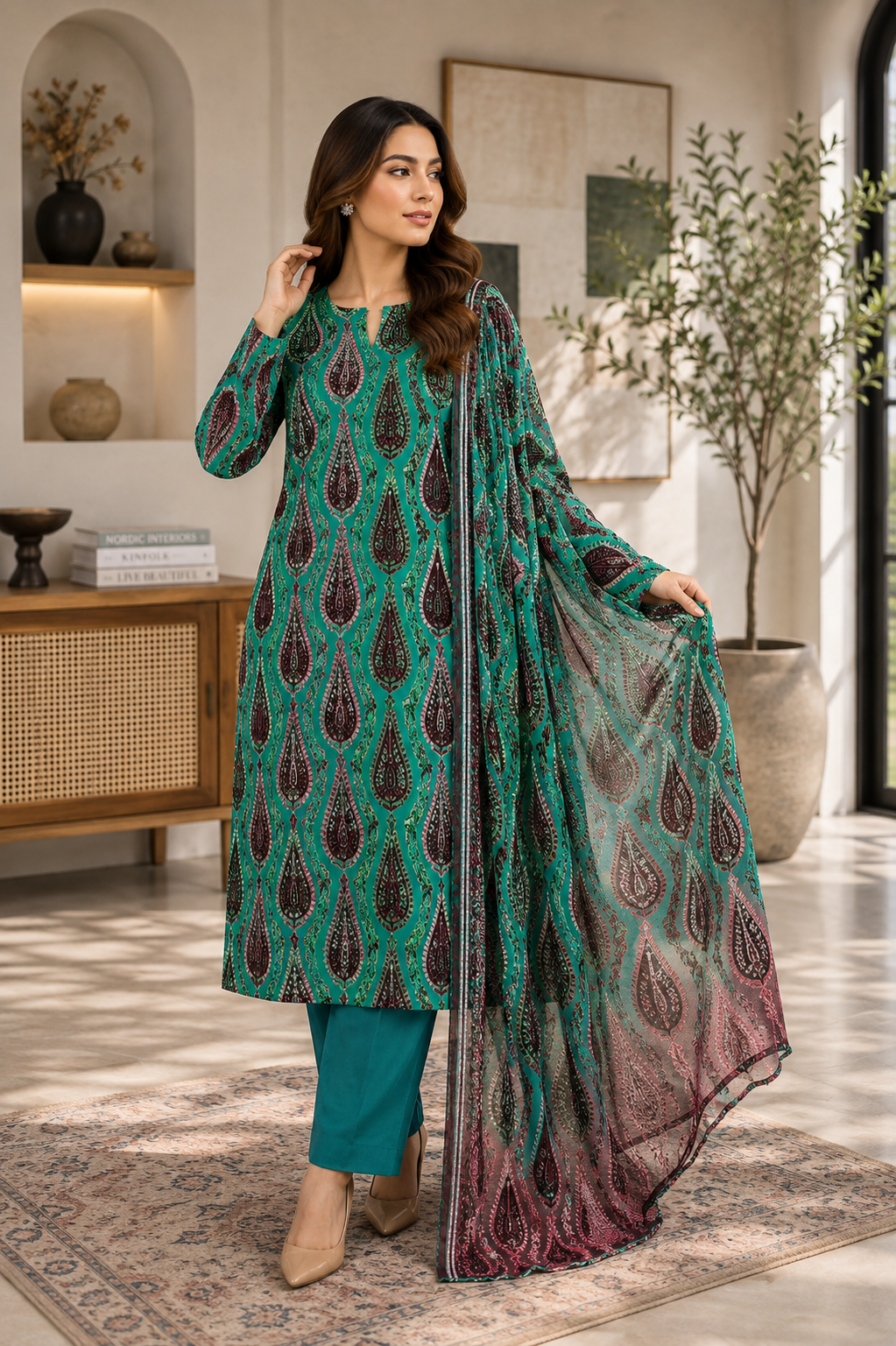 Teal Green Printed Palachi 3 Piece Unstitched Suit
