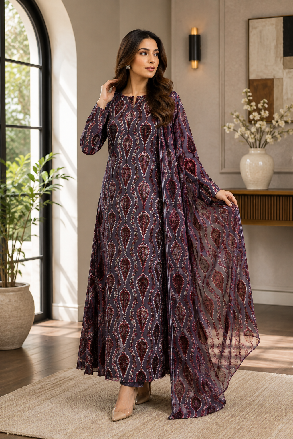 Mauve Paisley Printed Palachi 3 Piece Unstitched Suit
