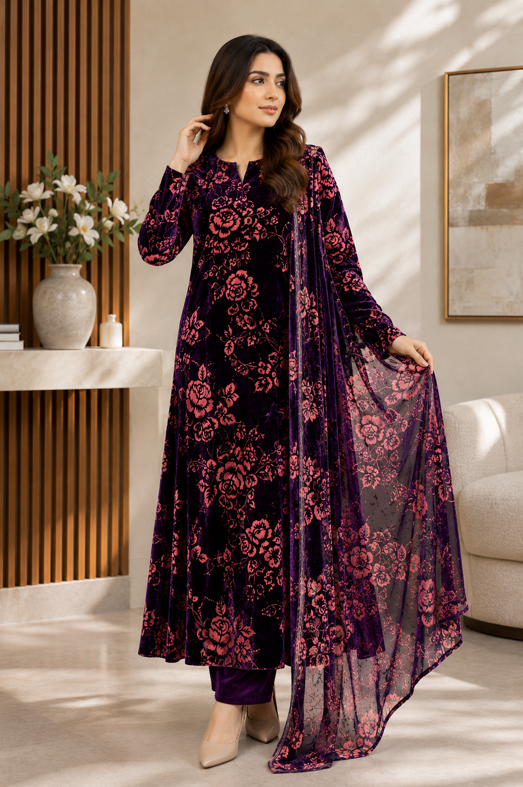 Deep Purple Floral Printed Palachi 3 Piece Unstitched Suit