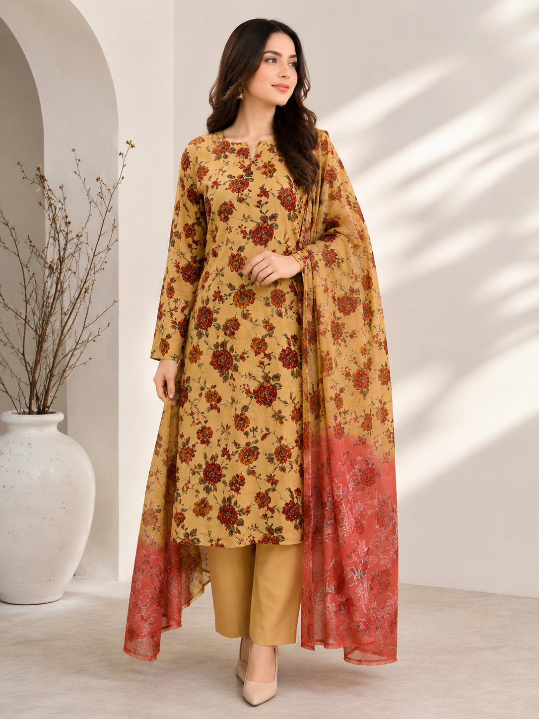 Mustard Floral Palachi 3 Piece Unstitched Suit