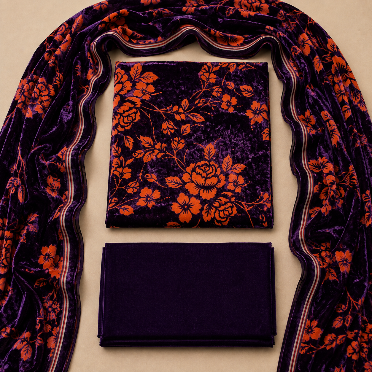 Deep Purple Floral Printed Palachi 3 Piece Unstitched Suit