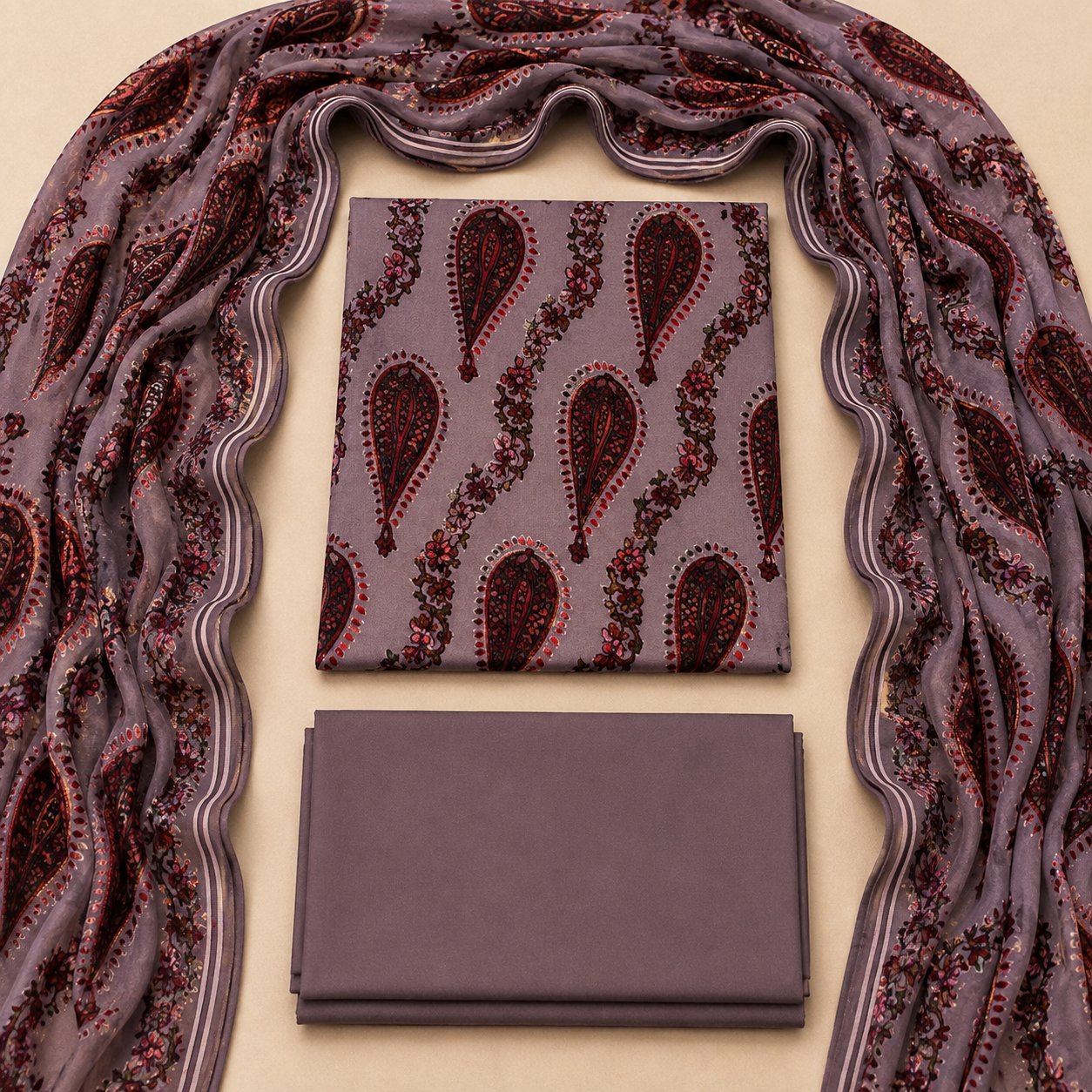 Mauve Paisley Printed Palachi 3 Piece Unstitched Suit
