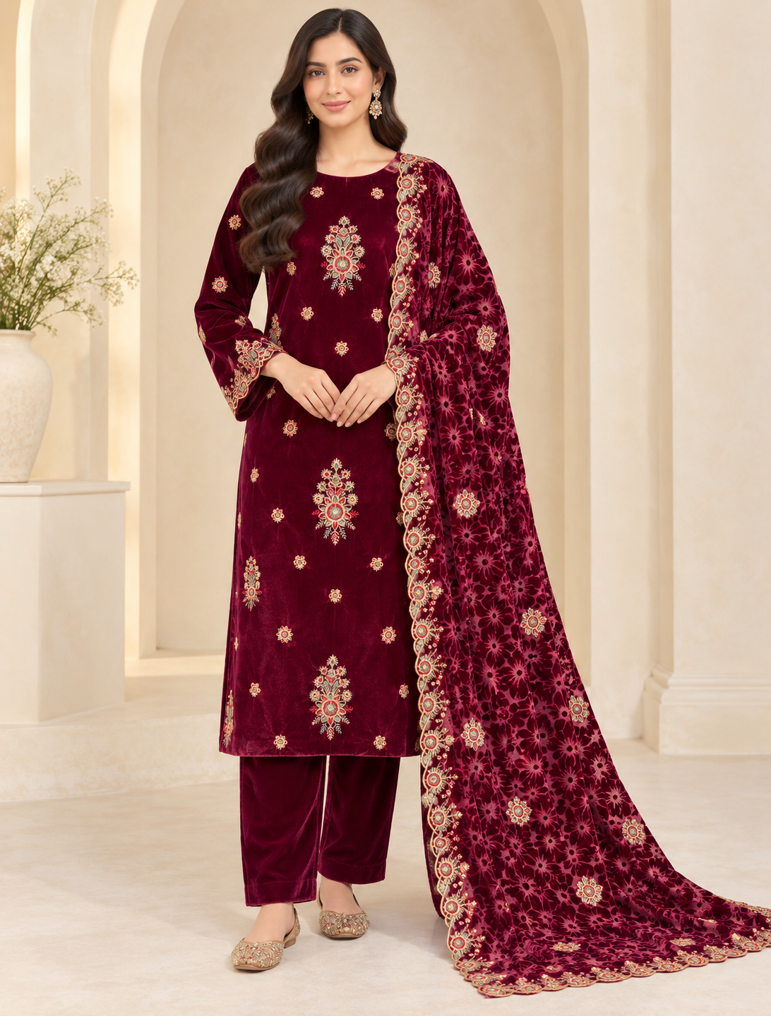 Deep Maroon Embroidered Velvet 3 Piece Unstitched Suit