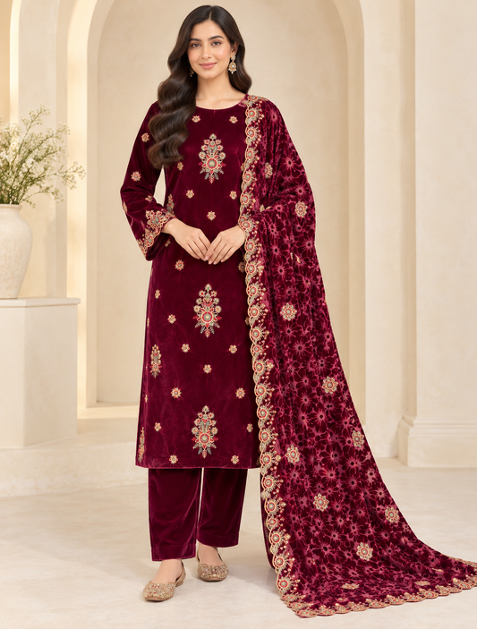 Deep Maroon Embroidered Velvet 3 Piece Unstitched Suit