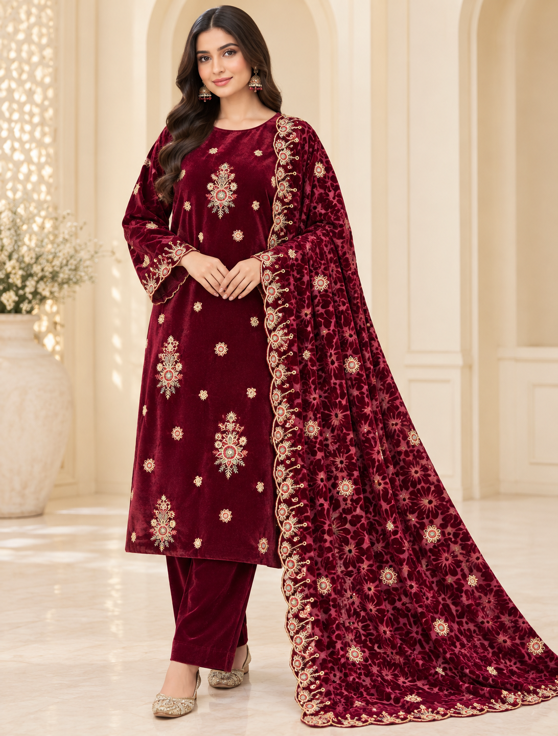 Deep Maroon Embroidered Velvet 3 Piece Unstitched Suit