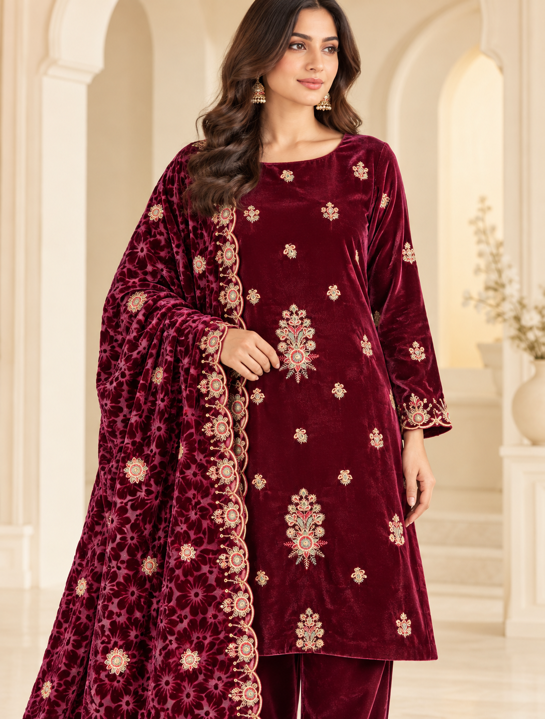 Deep Maroon Embroidered Velvet 3 Piece Unstitched Suit