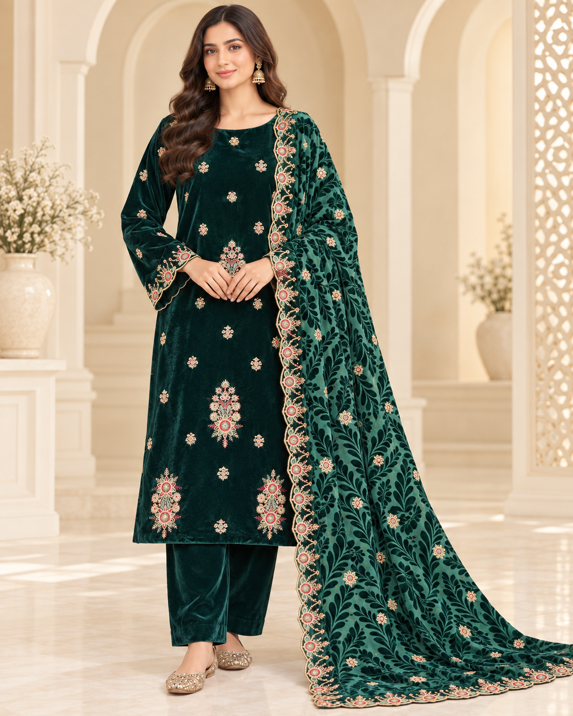Deep Emerald Green Embroidered Velvet 3 Piece Unstitched Suit