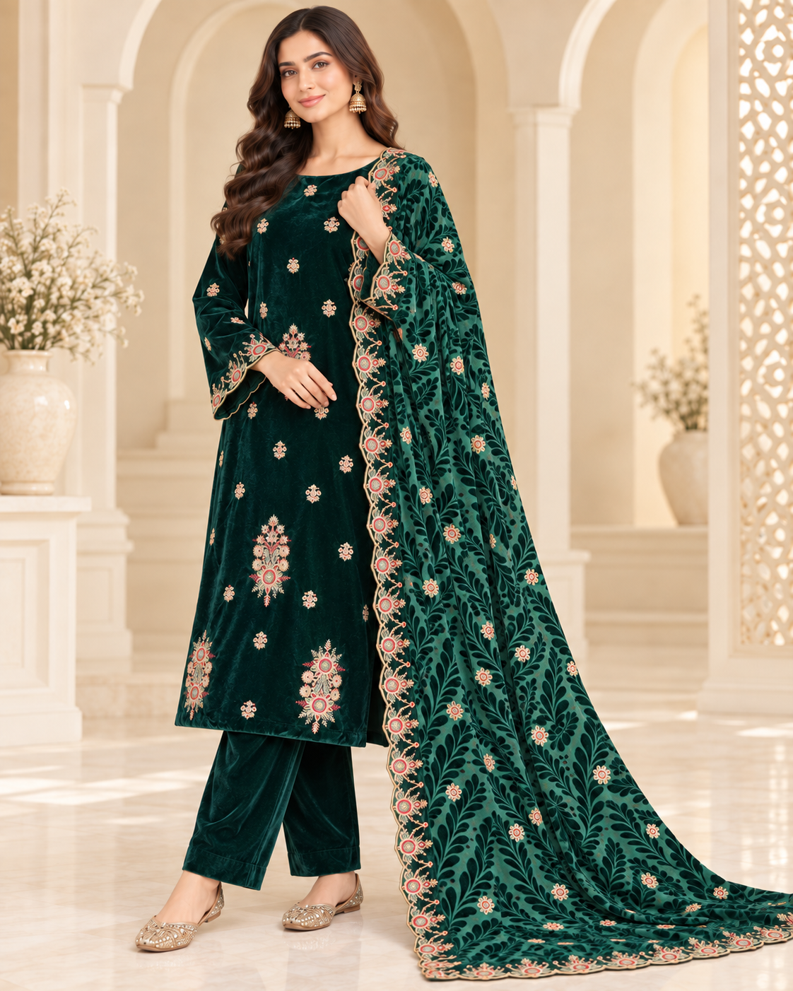 Deep Emerald Green Embroidered Velvet 3 Piece Unstitched Suit