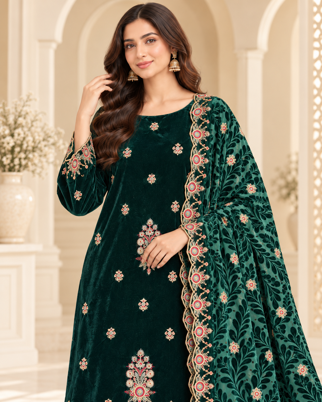 Deep Emerald Green Embroidered Velvet 3 Piece Unstitched Suit