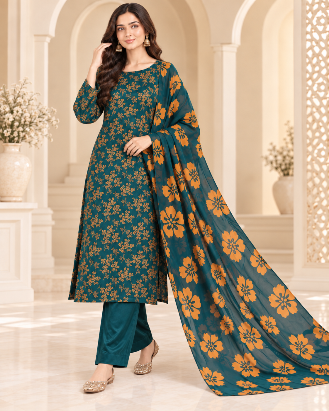 Deep Teal Pure China Patti Silk 3 Piece Unstitched Suit