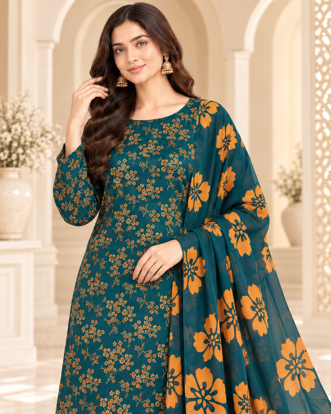 Deep Teal Pure China Patti Silk 3 Piece Unstitched Suit