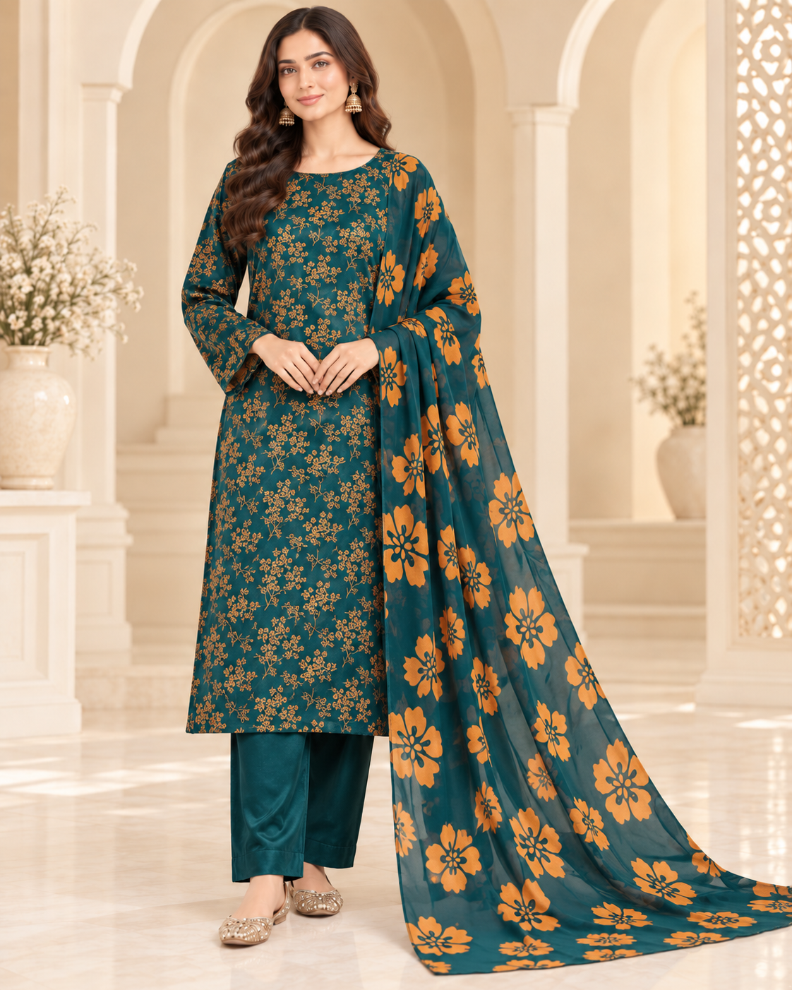 Deep Teal Pure China Patti Silk 3 Piece Unstitched Suit