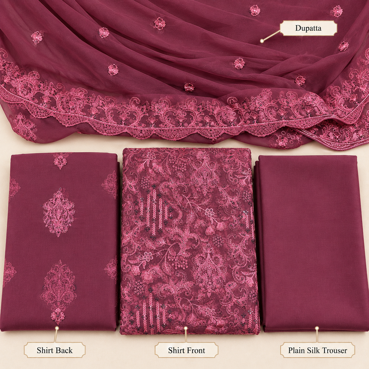Rose Plum Embroidered Chiffon 3 Piece Unstitched Suit