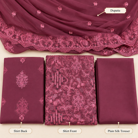 Rose Plum Embroidered Chiffon 3 Piece Unstitched Suit