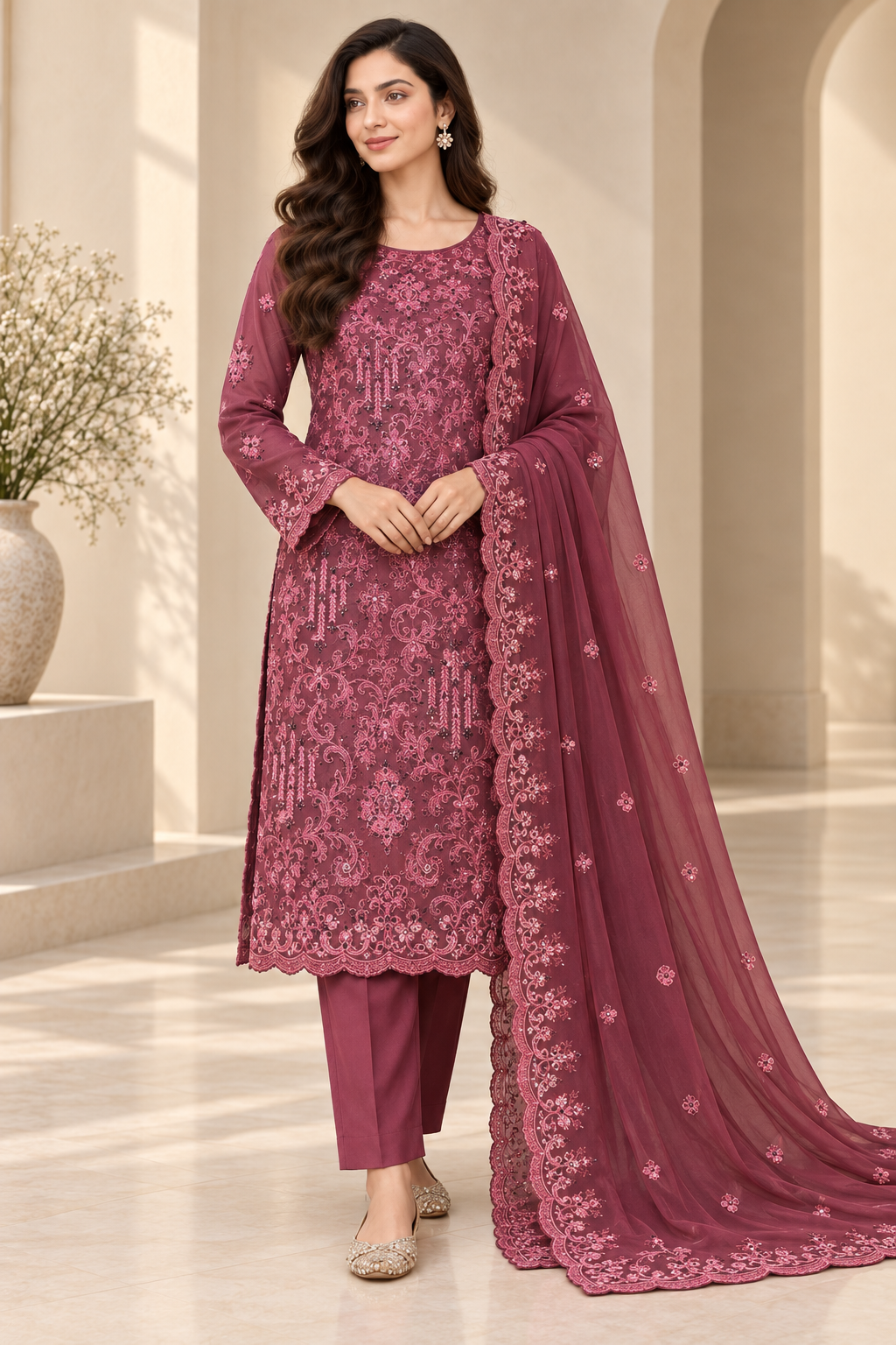 Rose Plum Embroidered Chiffon 3 Piece Unstitched Suit