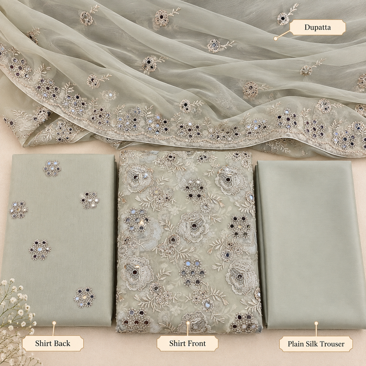 Sage Green Silver Mirror Work Embroidered Chiffon 3 Piece Unstitched Suit