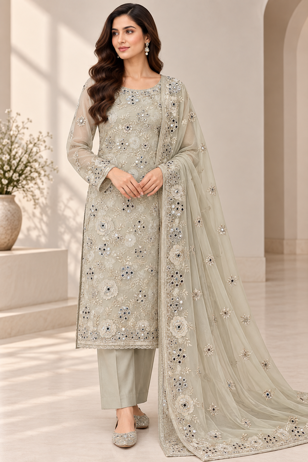 Sage Green Silver Mirror Work Embroidered Chiffon 3 Piece Unstitched Suit