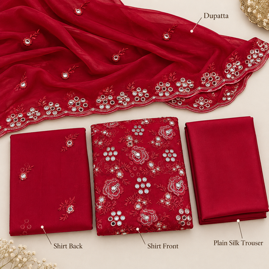 Deep Crimson Red Silver Mirror Work Embroidered Chiffon 3 Piece Unstitched Suit