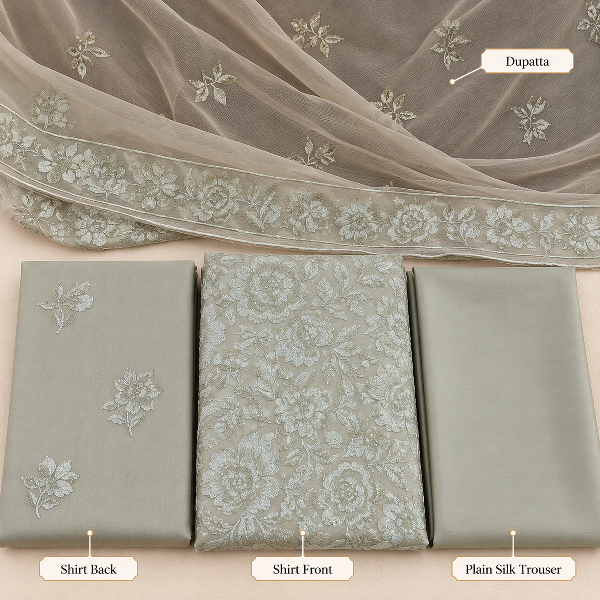 Soft Sage Green Silver Floral Embroidered Chiffon 3 Piece Unstitched Suit