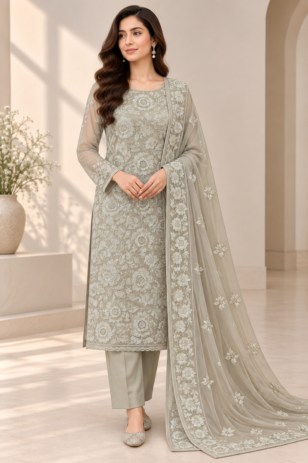 Soft Sage Green Silver Floral Embroidered Chiffon 3 Piece Unstitched Suit