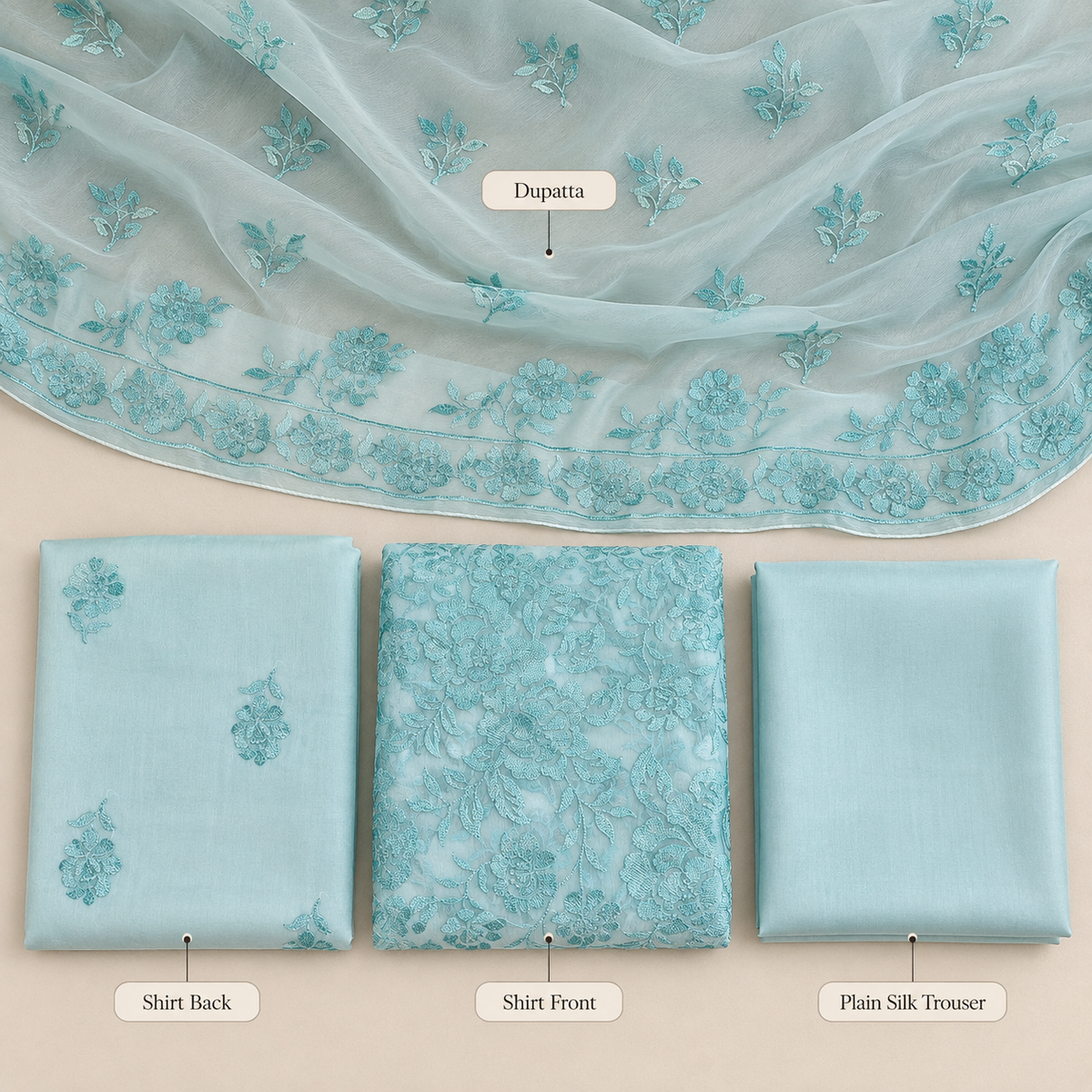 Ice Blue Floral Embroidered Chiffon 3 Piece Unstitched Suit